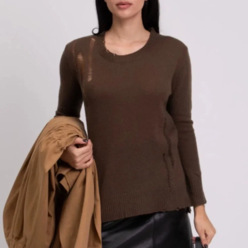 Enza Costa Cashmere Wool distressed women’s sweater small brown loose knit torn - Picture 1 of 10